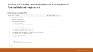 Inicializar o diretório atual para ser um ambiente Vagrant e criar o arquivo Vagrantfile.
serverdebian8>vagrant init
Editar o arquivo Vagrantfile.
PHP CONFERENCE BRASIL - 2016
 