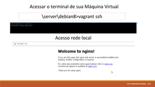 Halt: Desligar sua VM
serverdebian8>vagrant halt
Reload: Reiniciar sua VM
serverdebian8>vagrant reload
Suspend: Suspende sua VM
serverdebian8>vagrant suspend
destroy: Remove sua VM
serverdebian8>vagrant destroy
Up: Iniciar sua VM
serverdebian8>vagrant up
Gerenciar a Máquina Virtual
PHP CONFERENCE BRASIL - 2016
 