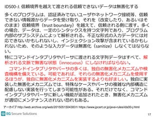 IDS00-J. 信頼境界を越えて渡される信頼できないデータは無害化する
多くのプログラムは、認証済みでないユーザやネットワーク接続等、信頼
できない情報源からデータを受け取り、それを（改変したり、あるいはそ
のまま）信頼境界（trust boundary）を越えて、信頼される側に渡す。多く
の場合、データは、一定のシンタックスを持つ文字列であり、プログラム
内部のサブシステムによって解析される。不正な形式の入力データには対
応できないかもしれないし、インジェクション攻撃が含まれているかもし
れないため、そのような入力データは無害化（sanitize）しなくてはならな
い。
特にコマンドインタプリタやパーサに渡される文字列データはすべて、解
析される文脈で無害な状態（innocuous）にしなければならない。
コマンドインタプリタやパーサの多くは、独自の無害化メカニズムや検
査機構を備えている。可能であれば、それらの無害化メカニズムを使用す
るほうが、独自に無害化メカニズムを実装するよりも好ましい。独自に実
装した無害化メカニズムでは、特殊なケースやパーサの複雑な内部構造に
配慮しない実装を行ってしまう可能性がある。それだけでなく、コマンド
インタプリタやパーサに新しい機能が追加されたとき、無害化メカニズム
が適切にメンテナンスされない恐れもある。
17
アーカイブ http://web.archive.org/web/20150515043831/ https://www.jpcert.or.jp/java-rules/ids00-j.html
 
