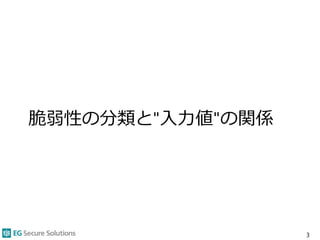 脆弱性の分類と"入力値"の関係
3
 
