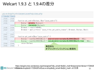 Welcart 1.9.3 と 1.9.4の差分
51
https://plugins.trac.wordpress.org/changeset?sfp_email=&sfph_mail=&reponame=&new=1728429
40usc-e-shop&old=1728428%40usc-e-shop&sfp_email=&sfph_mail= より引用
典型的な
オブジェクトインジェクション脆弱性
 