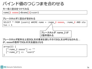 バインド値のつじつまを合わせる
74
array(2) {
[":name_2 xxxxx"] => ""
[":name_2"] => "user2"
}
SELECT * FROM {users} WHERE name = :name_2 xxxxx, :name_2 AND sta
tus = 1
キー名に空白をつけてみる
プレースホルダに空白が含まれる
プレースホルダ :name_2 が
2箇所現れる
プレースホルダ配列は上記SQL文の要求を満たすのでSQL文は呼び出される…
が、xxxxxの箇所でSQLの文法違反となる
name[2 xxxxx]=&name[2]=user2
 