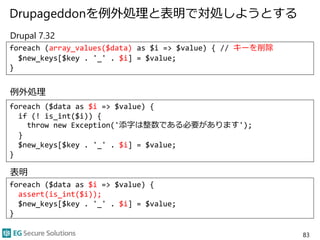 Drupageddonを例外処理と表明で対処しようとする
foreach ($data as $i => $value) {
if (! is_int($i)) {
throw new Exception('添字は整数である必要があります');
}
$new_keys[$key . '_' . $i] = $value;
}
83
foreach ($data as $i => $value) {
assert(is_int($i));
$new_keys[$key . '_' . $i] = $value;
}
foreach (array_values($data) as $i => $value) { // キーを削除
$new_keys[$key . '_' . $i] = $value;
}
Drupal 7.32
例外処理
表明
 