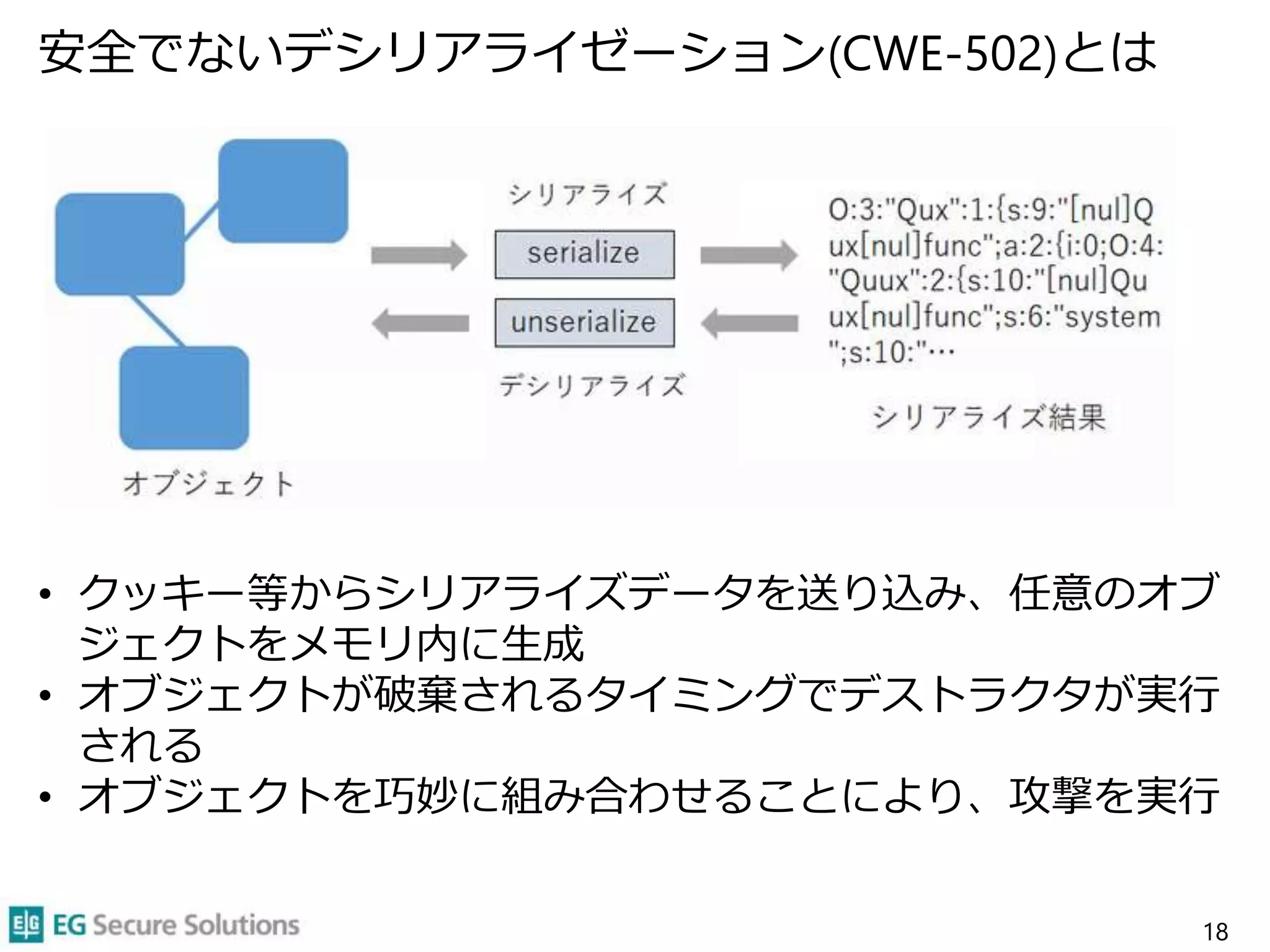 安全でないデシリアライゼーション(CWE-502)とは
18
• クッキー等からシリアライズデータを送り込み、任意のオブ
ジェクトをメモリ内に生成
• オブジェクトが破棄されるタイミングでデストラクタが実行
される
• オブジェクトを巧妙に組み合わせることにより、攻撃を実行
 