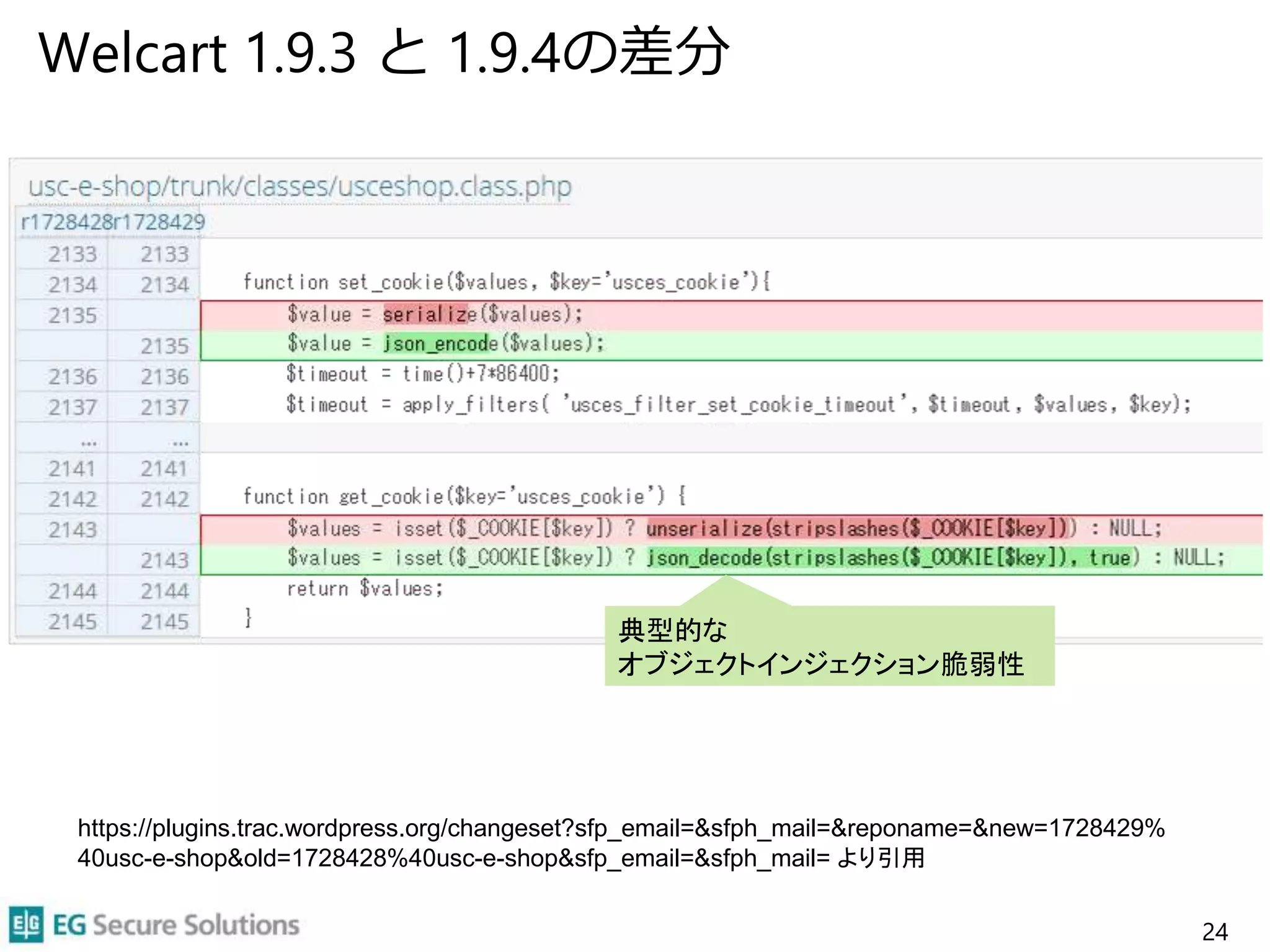Welcart 1.9.3 と 1.9.4の差分
24
https://plugins.trac.wordpress.org/changeset?sfp_email=&sfph_mail=&reponame=&new=1728429%
40usc-e-shop&old=1728428%40usc-e-shop&sfp_email=&sfph_mail= より引用
典型的な
オブジェクトインジェクション脆弱性
 