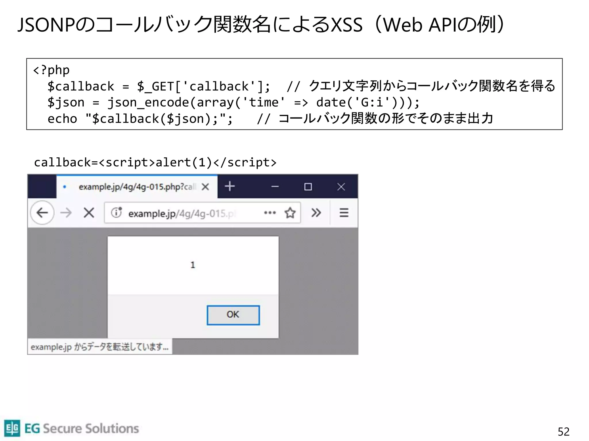 JSONPのコールバック関数名によるXSS（Web APIの例）
52
<?php
$callback = $_GET['callback']; // クエリ文字列からコールバック関数名を得る
$json = json_encode(array('time' => date('G:i')));
echo "$callback($json);"; // コールバック関数の形でそのまま出力
callback=<script>alert(1)</script>
 