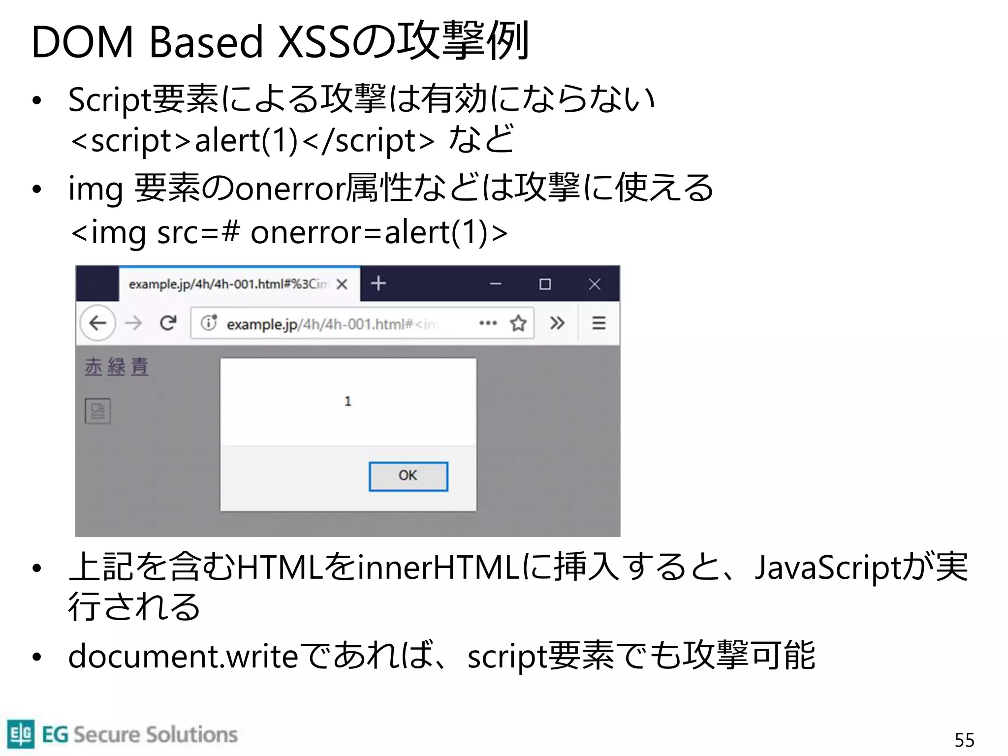DOM Based XSSの攻撃例
• Script要素による攻撃は有効にならない
<script>alert(1)</script> など
• img 要素のonerror属性などは攻撃に使える
<img src=# onerror=alert(1)>
• 上記を含むHTMLをinnerHTMLに挿入すると、JavaScriptが実
行される
• document.writeであれば、script要素でも攻撃可能
55
 