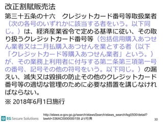 改正割賦販売法
第三十五条の十六 クレジットカード番号等取扱業者
（次の各号のいずれかに該当する者をいう。以下同
じ。）は、経済産業省令で定める基準に従い、その取
り扱うクレジットカード番号等（包括信用購入あつせ
ん業者又は二月払購入あつせんを業とする者（以下
「クレジットカード等購入あつせん業者」という。）
が、その業務上利用者に付与する第二条第三項第一号
の番号、記号その他の符号をいう。以下同じ。）の漏
えい、滅失又は毀損の防止その他のクレジットカード
番号等の適切な管理のために必要な措置を講じなけれ
ばならない。
※ 2018年6月1日施行
30
http://elaws.e-gov.go.jp/search/elawsSearch/elaws_search/lsg0500/detail?
lawId=336AC0000000159 より引用
 