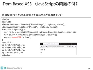 Dom Based XSS （JavaScriptの問題の例）
54
<body>
<script>
window.addEventListener("hashchange", chghash, false);
window.addEventListener("load", chghash, false);
function chghash() {
var hash = decodeURIComponent(window.location.hash.slice(1));
var color = document.getElementById("color");
color.innerHTML = hash;
}
</script>
<a href="#赤">赤</a>
<a href="#緑">緑</a>
<a href="#青">青</a>
<p id="color"></p>
</body>
脆弱な例: フラグメント識別子を表示するだけのスクリプト
 