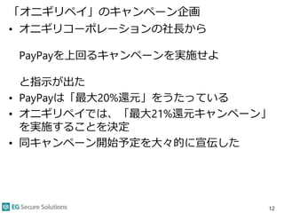 「オニギリペイ」のキャンペーン企画
• オニギリコーポレーションの社長から
PayPayを上回るキャンペーンを実施せよ
と指示が出た
• PayPayは「最大20%還元」をうたっている
• オニギリペイでは、「最大21%還元キャンペーン」
を実施することを決定
• 同キャンペーン開始予定を大々的に宣伝した
12
 