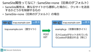 trap.example.com
SameSite属性ってなに? : SameSite=none（旧来のデフォルト）
• SameSite属性は、異なるサイトから遷移した場合に、クッキーを送信
するかどうかを制御するもの
• SameSite=none（旧来のデフォルト）の場合
13
trap.example.com （罠サイト）
POST
GET
trap.example.com
example.jp （攻撃対象サイト）
元々Cookieがセットされていた
らCookieが送信される（常に）
 