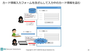 カード情報入力フォームを改ざんして入力中のカード情報を盗む
Copyright © 2017-2020 EG Secure Solutions Inc. 20
 