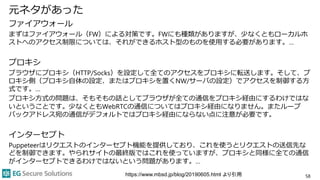 元ネタがあった
ファイアウォール
まずはファイアウォール（FW）による対策です。FWにも種類がありますが、少なくともローカルホ
ストへのアクセス制限については、それができるホスト型のものを使用する必要があります。…
プロキシ
ブラウザにプロキシ（HTTP/Socks）を設定して全てのアクセスをプロキシに転送します。そして、プ
ロキシ側（プロキシ自体の設定、またはプロキシを置くNW/サーバの設定）でアクセスを制御する方
式です。…
プロキシ方式の問題は、そもそもの話としてブラウザが全ての通信をプロキシ経由にするわけではな
いということです。少なくともWebRTCの通信についてはプロキシ経由になりません。またループ
バックアドレス宛の通信がデフォルトではプロキシ経由にならない点に注意が必要です。
インターセプト
Puppeteerはリクエストのインターセプト機能を提供しており、これを使うとリクエストの送信先な
どを制御できます。やられサイトの最終版ではこれを使っていますが、プロキシと同様に全ての通信
がインターセプトできるわけではないという問題があります。…
58https://www.mbsd.jp/blog/20190605.html より引用
 