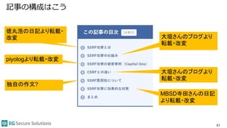 記事の構成はこう
61
徳丸浩の日記より転載・
改変
piyologより転載・改変
MBSD寺田さんの日記
より転載・改変
大垣さんのブログより
転載・改変
大垣さんのブログより
転載・改変
独自の作文?
 