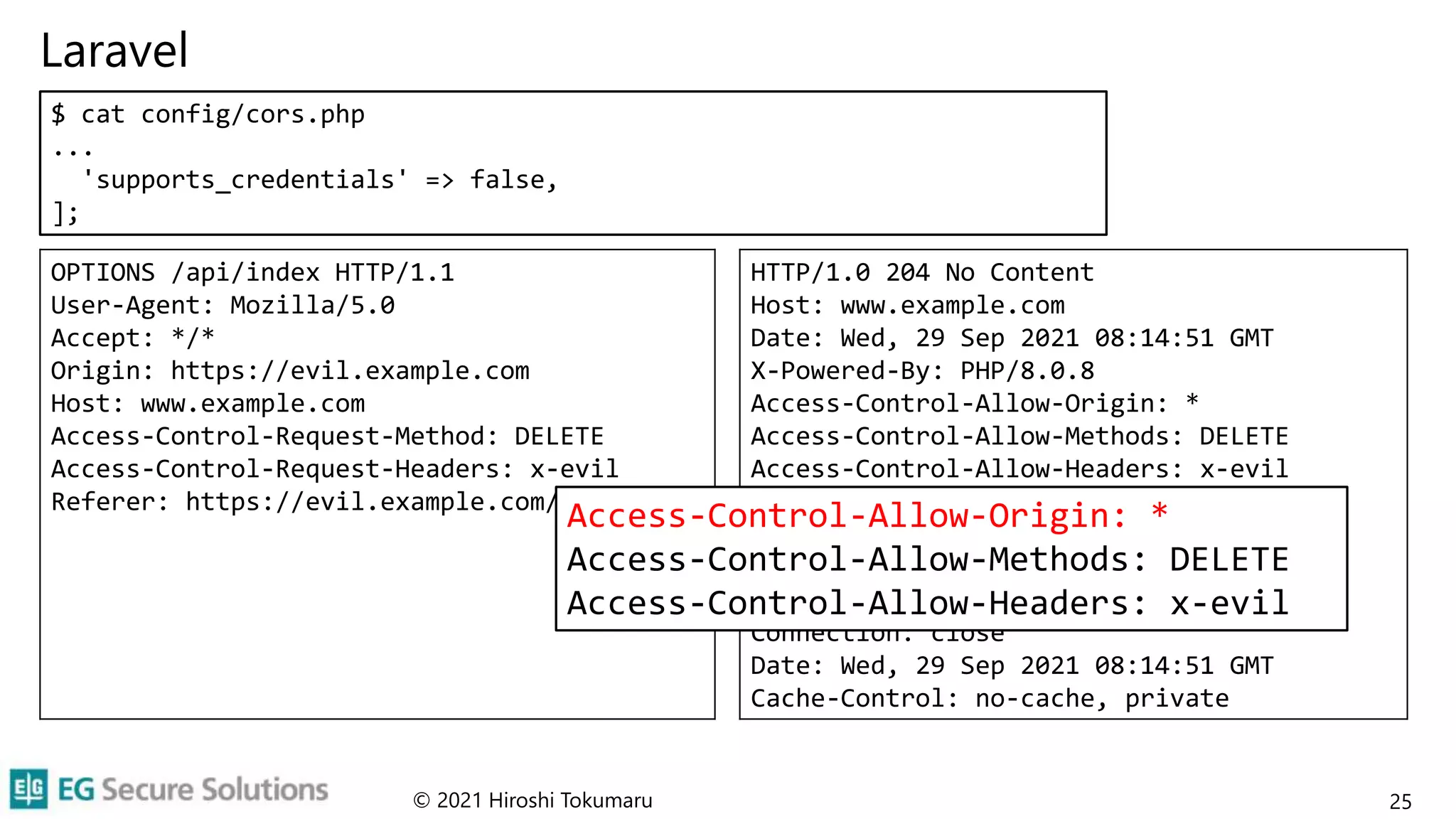 Laravel
© 2021 Hiroshi Tokumaru 25
$ cat config/cors.php
...
'supports_credentials' => false,
];
OPTIONS /api/index HTTP/1.1
User-Agent: Mozilla/5.0
Accept: */*
Origin: https://evil.example.com
Host: www.example.com
Access-Control-Request-Method: DELETE
Access-Control-Request-Headers: x-evil
Referer: https://evil.example.com/
HTTP/1.0 204 No Content
Host: www.example.com
Date: Wed, 29 Sep 2021 08:14:51 GMT
X-Powered-By: PHP/8.0.8
Access-Control-Allow-Origin: *
Access-Control-Allow-Methods: DELETE
Access-Control-Allow-Headers: x-evil
Access-Control-Max-Age: 0
Content-type: text/html; charset=UTF-8
Vary: Access-Control-Request-Method,
Access-Control-Request-Headers
Connection: close
Date: Wed, 29 Sep 2021 08:14:51 GMT
Cache-Control: no-cache, private
Access-Control-Allow-Origin: *
Access-Control-Allow-Methods: DELETE
Access-Control-Allow-Headers: x-evil
 