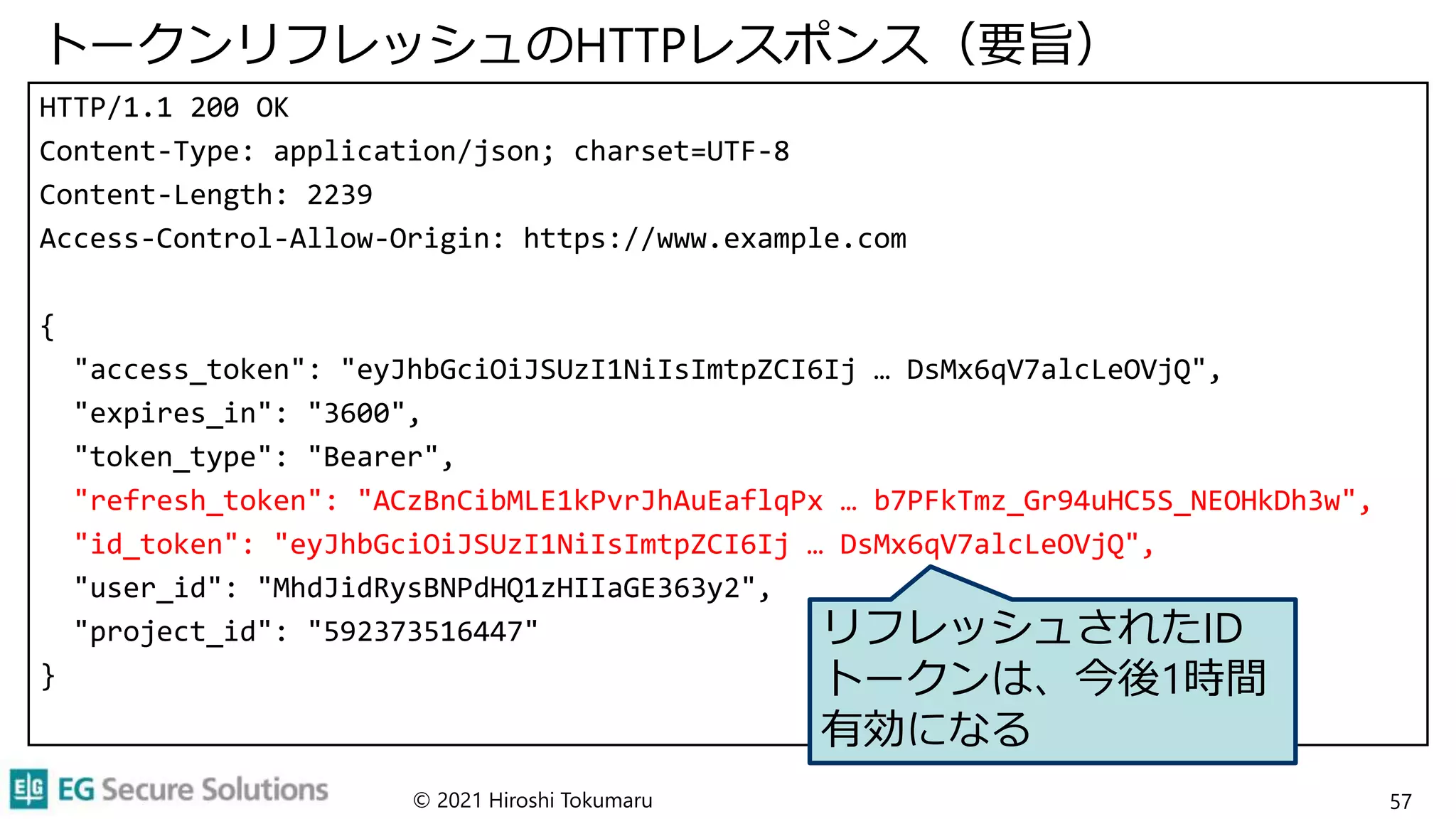 トークンリフレッシュのHTTPレスポンス（要旨）
HTTP/1.1 200 OK
Content-Type: application/json; charset=UTF-8
Content-Length: 2239
Access-Control-Allow-Origin: https://www.example.com
{
"access_token": "eyJhbGciOiJSUzI1NiIsImtpZCI6Ij … DsMx6qV7alcLeOVjQ",
"expires_in": "3600",
"token_type": "Bearer",
"refresh_token": "ACzBnCibMLE1kPvrJhAuEaflqPx … b7PFkTmz_Gr94uHC5S_NEOHkDh3w",
"id_token": "eyJhbGciOiJSUzI1NiIsImtpZCI6Ij … DsMx6qV7alcLeOVjQ",
"user_id": "MhdJidRysBNPdHQ1zHIIaGE363y2",
"project_id": "592373516447"
}
© 2021 Hiroshi Tokumaru 57
リフレッシュされたID
トークンは、今後1時間
有効になる
 