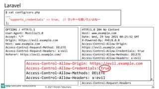 Laravel
© 2021 Hiroshi Tokumaru 26
$ cat config/cors.php
...
'supports_credentials' => true, // クッキーも使いたいよねー
];
OPTIONS / HTTP/1.1
User-Agent: Mozilla/5.0
Accept: */*
Origin: https://evil.example.com
Host: www.example.com
Access-Control-Request-Method: DELETE
Access-Control-Request-Headers: x-evil
Referer: https://evil.example.com/
HTTP/1.0 204 No Content
Host: www.example.com
Date: Wed, 29 Sep 2021 08:25:52 GMT
X-Powered-By: PHP/8.0.8
Access-Control-Allow-Origin:
https://evil.example.com
Access-Control-Allow-Credentials: true
Access-Control-Allow-Methods: DELETE
Access-Control-Allow-Headers: x-evil
Access-Control-Max-Age: 0
Content-type: text/html; charset=UTF-8
Connection: close
Cache-Control: no-cache, private
Date: Wed, 29 Sep 2021 08:25:52 GMT
Vary: Origin, Access-Control-Request-Method,
Access-Control-Request-Headers
Access-Control-Allow-Origin: https://evil.example.com
Access-Control-Allow-Credentials: true
Access-Control-Allow-Methods: DELETE
Access-Control-Allow-Headers: x-evil
 
