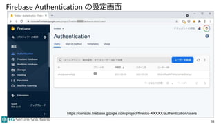 Firebase Authentication の設定画面
33
https://console.firebase.google.com/project/firebbs-XXXXX/authentication/users
 