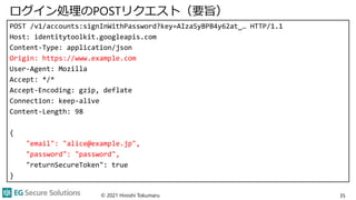 ログイン処理のPOSTリクエスト（要旨）
POST /v1/accounts:signInWithPassword?key=AIzaSyBPB4y62at_… HTTP/1.1
Host: identitytoolkit.googleapis.com
Content-Type: application/json
Origin: https://www.example.com
User-Agent: Mozilla
Accept: */*
Accept-Encoding: gzip, deflate
Connection: keep-alive
Content-Length: 98
{
"email": "alice@example.jp",
"password": "password",
"returnSecureToken": true
}
© 2021 Hiroshi Tokumaru 35
 