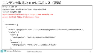 コンテンツ取得のHTTPレスポンス（要旨）
HTTP/1.1 200 OK
Content-Type: application/json; charset=UTF-8
Content-Length: 513
Access-Control-Allow-Origin: https://www.example.com
Access-Control-Allow-Credentials: true
{
"documents": [
{
"name": "projects/firebbs-31a11/databases/(default)/documents/articles/XnVM…",
"fields": {
"uid": {
"stringValue": "MhdJidRysBNPdHQ1zHIIaGE363y2"
},
"comment": {
"stringValue": "PHPカンファレンス2021にようこそ"
},
© 2021 Hiroshi Tokumaru 51
 