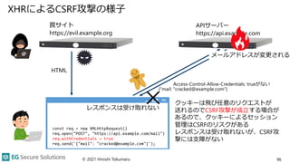 XHRによるCSRF攻撃の様子
© 2021 Hiroshi Tokumaru 96
APIサーバー
https://api.example.com
HTML
クッキーは飛び任意のリクエストが
送れるのでCSRF攻撃が成立する場合が
あるので、クッキーによるセッション
管理はCSRFのリスクがある
レスポンスは受け取れないが、CSRF攻
撃には支障がない
罠サイト
https://evil.example.org
const req = new XMLHttpRequest()
req.open("POST", "https://api.example.com/mail")
req.withCredentials = true
req.send('{"mail": "cracked@example.com"}');
{"mail: "cracked@example.com"}
レスポンスは受け取れない
メールアドレスが変更される
Access-Control-Allow-Credentials: trueがない
 