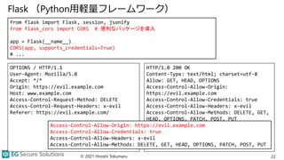 Flask （Python用軽量フレームワーク）
© 2021 Hiroshi Tokumaru 22
from flask import Flask, session, jsonify
from flask_cors import CORS ...