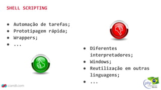 ● Automação de tarefas;
● Prototipagem rápida;
● Wrappers;
● ...
SHELL SCRIPTING
● Diferentes
interpretadores;
● Windows;
● Reutilização em outras
linguagens;
● ...
 