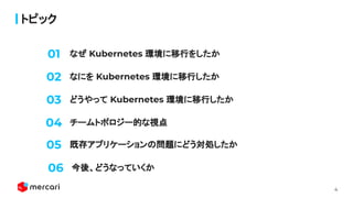 4
なぜ Kubernetes 環境に移行をしたか
トピック
なにを Kubernetes 環境に移行したか
どうやって Kubernetes 環境に移行したか
チームトポロジー的な視点
02
03
04
01
既存アプリケーションの問題にどう対処したか
05
今後、どうなっていくか
06
 