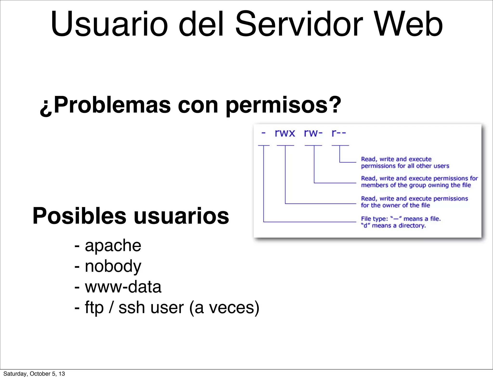 Usuario del Servidor Web
- apache
- nobody
- www-data
- ftp / ssh user (a veces)
Posibles usuarios
¿Problemas con permisos?
Saturday, October 5, 13
 
