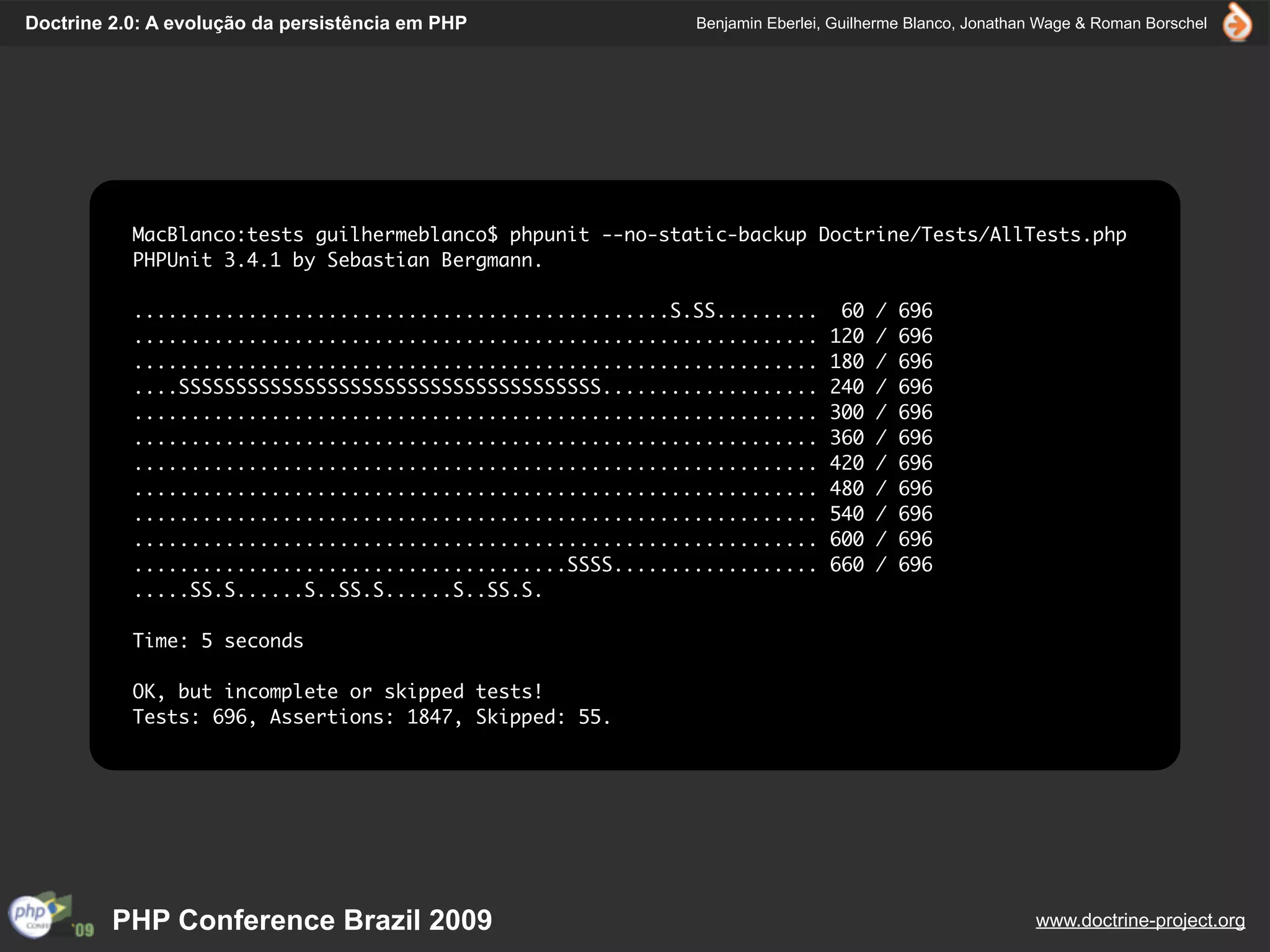 Doctrine 2.0: A evolução da persistência em PHP             Benjamin Eberlei, Guilherme Blanco, Jonathan Wage & Roman Borschel




           MacBlanco:tests guilhermeblanco$ phpunit --no-static-backup Doctrine/Tests/AllTests.php
           PHPUnit 3.4.1 by Sebastian Bergmann.

           ...............................................S.SS.........       60   /   696
           ............................................................      120   /   696
           ............................................................      180   /   696
           ....SSSSSSSSSSSSSSSSSSSSSSSSSSSSSSSSSSSSS...................      240   /   696
           ............................................................      300   /   696
           ............................................................      360   /   696
           ............................................................      420   /   696
           ............................................................      480   /   696
           ............................................................      540   /   696
           ............................................................      600   /   696
           ......................................SSSS..................      660   /   696
           .....SS.S......S..SS.S......S..SS.S.

           Time: 5 seconds

           OK, but incomplete or skipped tests!
           Tests: 696, Assertions: 1847, Skipped: 55.




         PHP Conference Brazil 2009                                                                    www.doctrine-project.org
 