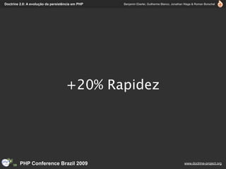 Doctrine 2.0: A evolução da persistência em PHP   Benjamin Eberlei, Guilherme Blanco, Jonathan Wage & Roman Borschel




                                    +20% Rapidez




         PHP Conference Brazil 2009                                                          www.doctrine-project.org
 