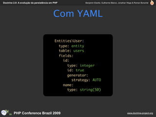 Doctrine 2.0: A evolução da persistência em PHP           Benjamin Eberlei, Guilherme Blanco, Jonathan Wage & Roman Borschel




                                           Com YAML

                                            EntitiesUser:
                                              type: entity
                                              table: users
                                              fields:
                                                id:
                                                  type: integer
                                                  id: true
                                                  generator:
                                                    strategy: AUTO
                                                name:
                                                  type: string(50)




         PHP Conference Brazil 2009                                                                  www.doctrine-project.org
 