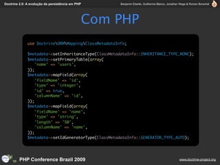 Doctrine 2.0: A evolução da persistência em PHP       Benjamin Eberlei, Guilherme Blanco, Jonathan Wage & Roman Borschel




                                              Com PHP
              use DoctrineORMMappingClassMetadataInfo;

              $metadata->setInheritanceType(ClassMetadataInfo::INHERITANCE_TYPE_NONE);
              $metadata->setPrimaryTable(array(
                  'name' => 'users',
              ));
              $metadata->mapField(array(
                  'fieldName' => 'id',
                  'type' => 'integer',
                  'id' => true,
                  'columnName' => 'id',
              ));
              $metadata->mapField(array(
                  'fieldName' => 'name',
                  'type' => 'string',
                  'length' => '50',
                  'columnName' => 'name',
              ));
              $metadata->setIdGeneratorType(ClassMetadataInfo::GENERATOR_TYPE_AUTO);




         PHP Conference Brazil 2009                                                              www.doctrine-project.org
 