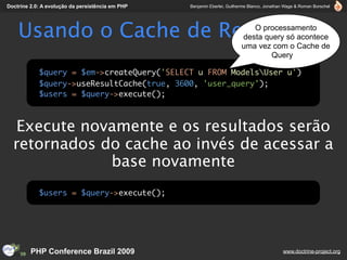 Doctrine 2.0: A evolução da persistência em PHP   Benjamin Eberlei, Guilherme Blanco, Jonathan Wage & Roman Borschel




    Usando o Cache de Resultados                                             O processamento
                                                                          desta query só acontece
                                                                          uma vez com o Cache de
                                                                                  Query

            $query = $em->createQuery('SELECT u FROM ModelsUser u')
            $query->useResultCache(true, 3600, 'user_query');
            $users = $query->execute();



   Execute novamente e os resultados serão
  retornados do cache ao invés de acessar a
              base novamente
            $users = $query->execute();




         PHP Conference Brazil 2009                                                          www.doctrine-project.org
 