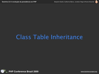Doctrine 2.0: A evolução da persistência em PHP   Benjamin Eberlei, Guilherme Blanco, Jonathan Wage & Roman Borschel




                   Class Table Inheritance




         PHP Conference Brazil 2009                                                          www.doctrine-project.org
 