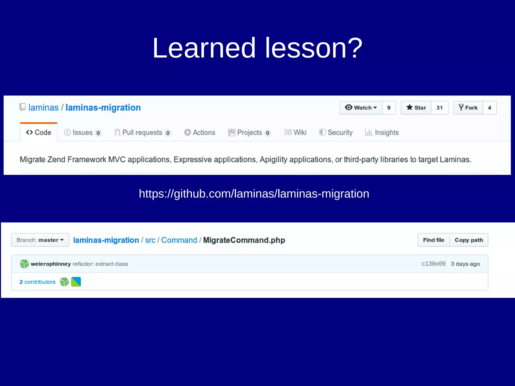 Learned lesson?
https://github.com/laminas/laminas-migration
 