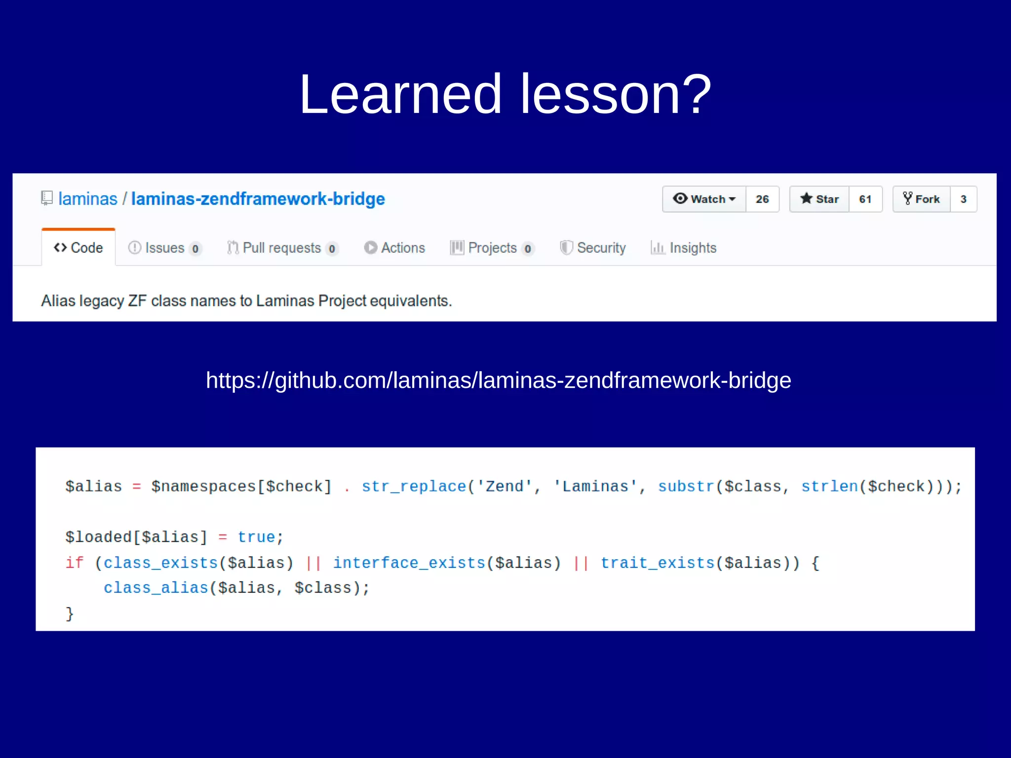 Learned lesson?
https://github.com/laminas/laminas-zendframework-bridge
 