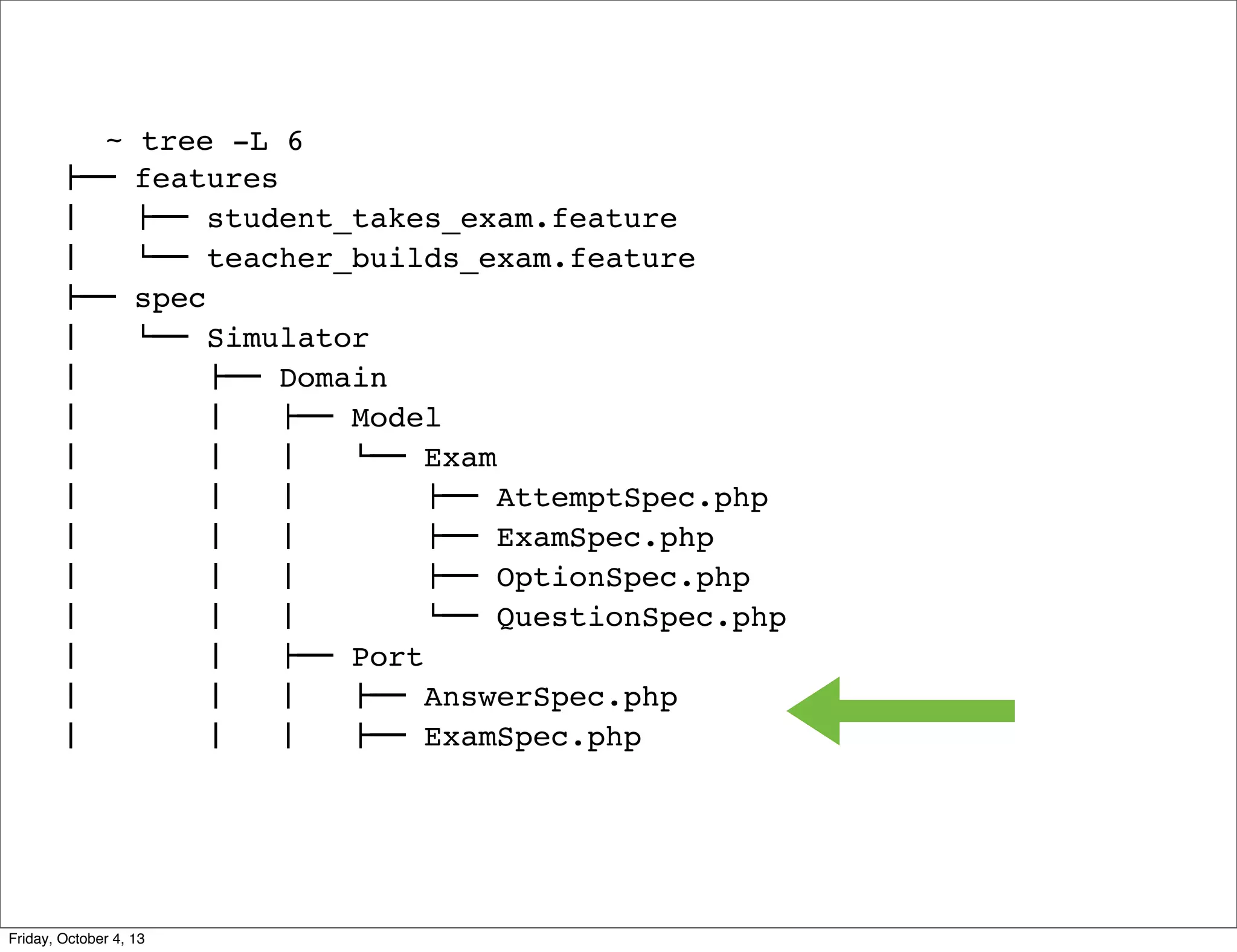 ~
!""
#  
#  
!""
#  
#  
#  
#  
#  
#  
#  
#  
#  
#  
#  

tree -L 6
features
!"" student_takes_exam.feature
$"" teacher_builds_exam.feature
spec
$"" Simulator
!"" Domain
#   !"" Model
#   #   $"" Exam
#   #  
!"" AttemptSpec.php
#   #  
!"" ExamSpec.php
#   #  
!"" OptionSpec.php
#   #  
$"" QuestionSpec.php
#   !"" Port
#   #   !"" AnswerSpec.php
#   #   !"" ExamSpec.php

Friday, October 4, 13

 