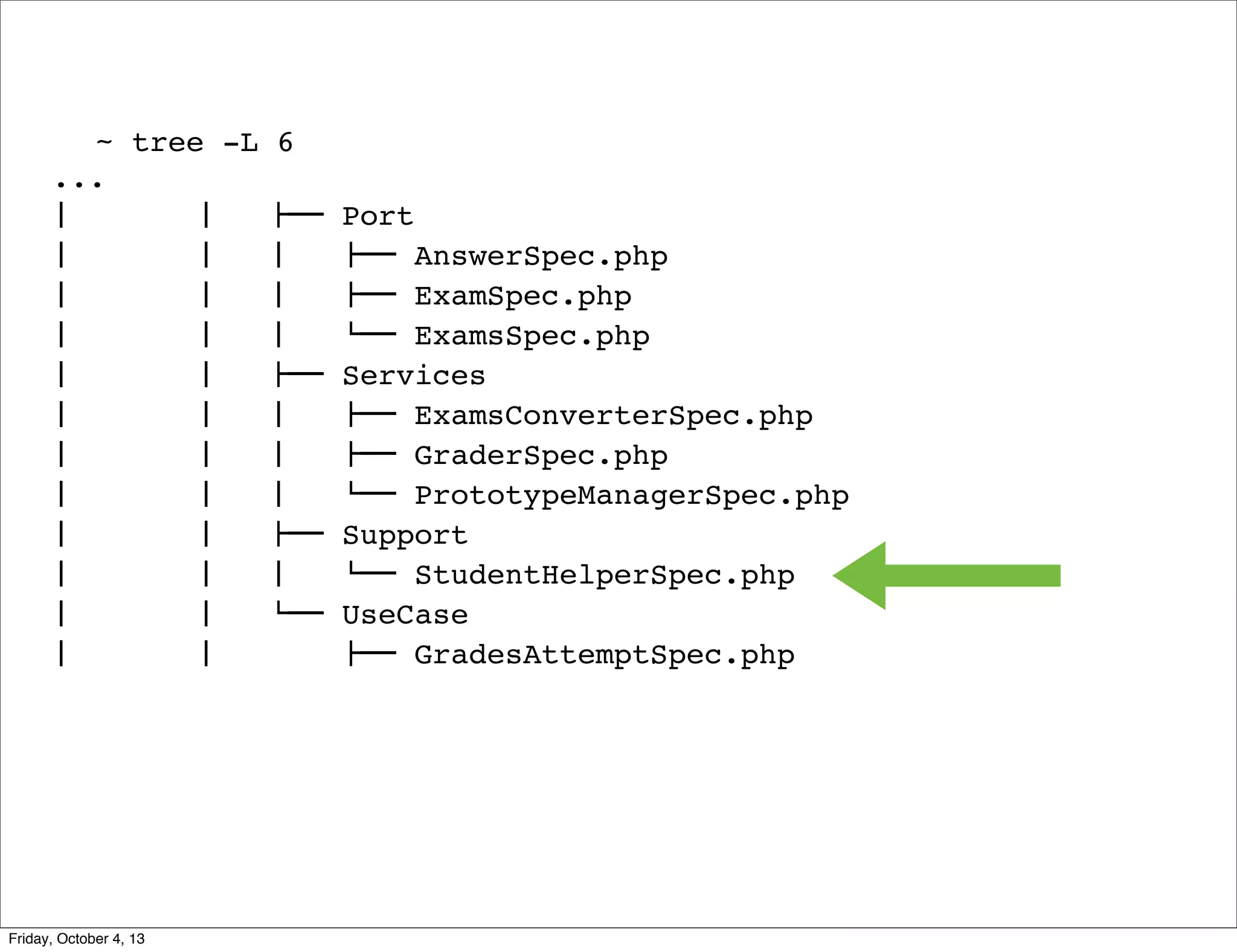 ~ tree -L
...
#  
#  
#  
#  
#  
#  
#  
#  
#  
#  
#  
#  
#  
#  
#  
#  
#  
#  
#  
#  
#  
#  
#  
#  

Friday, October 4, 13

6
!""
#  
#  
#  
!""
#  
#  
#  
!""
#  
$""

Port
!"" AnswerSpec.php
!"" ExamSpec.php
$"" ExamsSpec.php
Services
!"" ExamsConverterSpec.php
!"" GraderSpec.php
$"" PrototypeManagerSpec.php
Support
$"" StudentHelperSpec.php
UseCase
!"" GradesAttemptSpec.php

 
