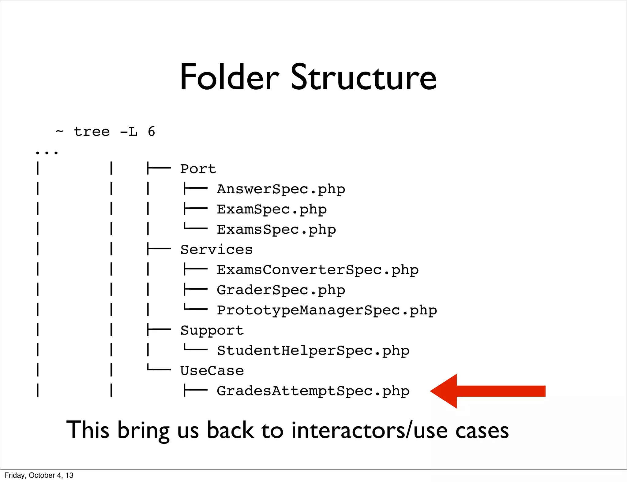 Folder Structure
~ tree -L
...
#  
#  
#  
#  
#  
#  
#  
#  
#  
#  
#  
#  
#  
#  
#  
#  
#  
#  
#  
#  
#  
#  
#  
#  

6
!""
#  
#  
#  
!""
#  
#  
#  
!""
#  
$""

Port
!"" AnswerSpec.php
!"" ExamSpec.php
$"" ExamsSpec.php
Services
!"" ExamsConverterSpec.php
!"" GraderSpec.php
$"" PrototypeManagerSpec.php
Support
$"" StudentHelperSpec.php
UseCase
!"" GradesAttemptSpec.php

This bring us back to interactors/use cases
Friday, October 4, 13

 