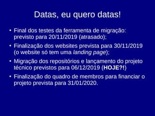 Datas, eu quero datas!
●
Final dos testes da ferramenta de migração:
previsto para 20/11/2019 (atrasado);
●
Finalização dos websites prevista para 30/11/2019
(o website só tem uma landing page);
●
Migração dos repositórios e lançamento do projeto
técnico previstos para 06/12/2019 (HOJE?!)
●
Finalização do quadro de membros para financiar o
projeto prevista para 31/01/2020.
 