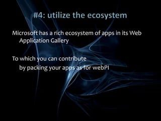 Interop and PHPSeveral projects under “Interoperability bridges” initiativeProjects used to provide a bridge between technologies in Windows and PHP worldAnd this is:oData SDK for PHPSQL Server Reporting Services SDK for PHPSilverlight samplesSQL Server CRUD app generatorAccelerators and Web slices for PHPVirtual Earth PHP toolkit