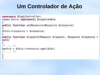 Um Controlador de Ação
namespace BlogController;
class Entry implements Dispatchable
{
public function setResource(Resource $resource)
{
$this->resource = $resource;
}
public function dispatch(Request $request, Response $response =
null)
{
/* ... */
$entry = $this->resource->get($id);
/* ... */
}
}
 