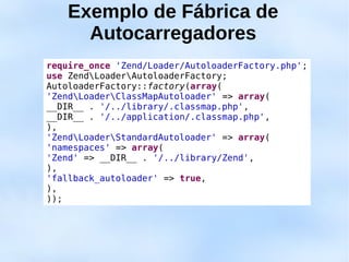 Exemplo de Fábrica de
      Autocarregadores
require_once 'Zend/Loader/AutoloaderFactory.php';
use ZendLoaderAutoloaderFactory;
AutoloaderFactory::factory(array(
'ZendLoaderClassMapAutoloader' => array(
__DIR__ . '/../library/.classmap.php',
__DIR__ . '/../application/.classmap.php',
),
'ZendLoaderStandardAutoloader' => array(
'namespaces' => array(
'Zend' => __DIR__ . '/../library/Zend',
),
'fallback_autoloader' => true,
),
));
 