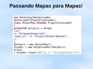 Passando Mapas para Mapas!

 use ZendViewHelperLoader,
 ZendLoaderPluginClassLoader;
 class HelperMap extends PluginClassLoader
 {
 protected $plugins = array(
 'url'
 => 'KilowogHelperUrl',
 'base_url' => 'ProjectHelperBaseUrl',
 );
 }
 $helpers = new HelperMap();
 $loader = new HelperLoader($helpers);
 $class
 = $loader->load('url'); // "KilowogHelperUrl"
 