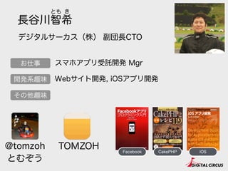デジタルサーカス（株）
・ Webサイト受託開発
・ スマホアプリ受託開発 
 
・ 自社サービス
（PHP, Drupal, CakePHP）
（iOS, Android) 
 
（http://appbuilder.jp）
Twitter: @tomzoh
 