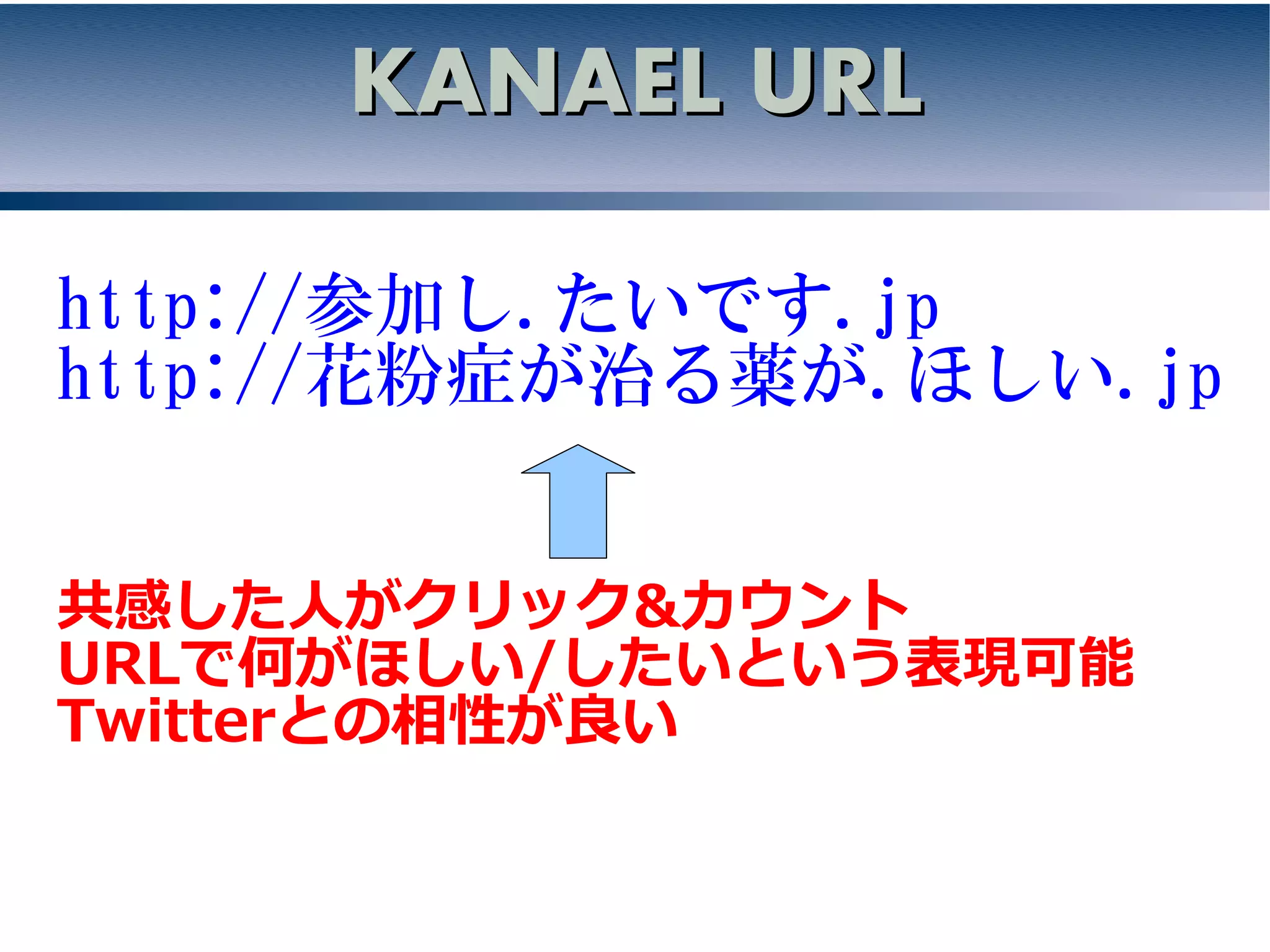 KANAEL URL

http://参加し.たいです.jp
http://花粉症が治る薬が.ほしい.jp


共感した人がクリック&カウント
URLで何がほしい/したいという表現可能
Twitterとの相性が良い
 